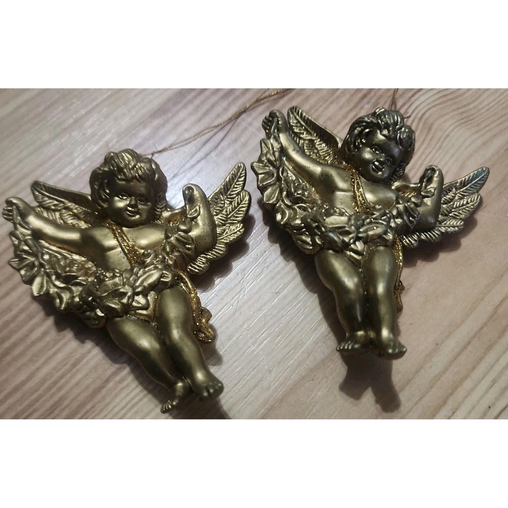 Christmas Cherub Angels Ornaments Set Of 2 Gold Plastic 3D Vtg 3 In Victorian